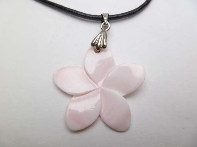 30mm Pink conch shell Plumeria on 2mm leather necklace 18"